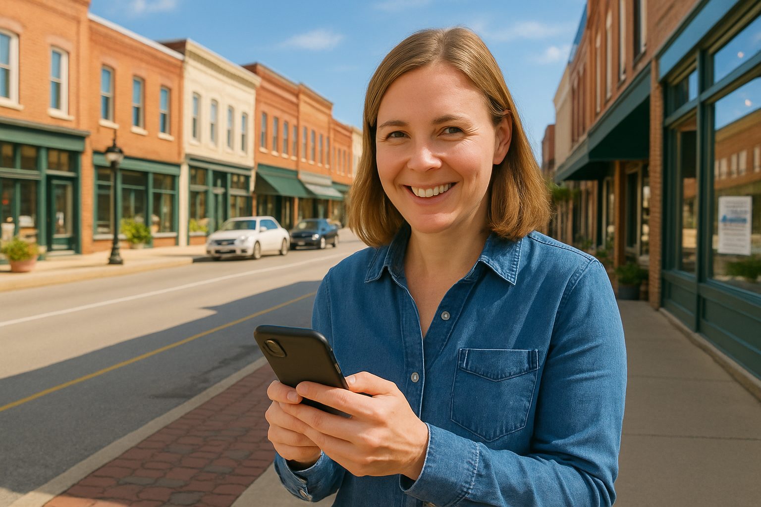Data Collection in Progress Image of a woman in a downtown collecting data on her phone